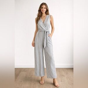NWT Cider Nautical Gray & White Striped Wrap Wide Leg Jumpsuit (Large) Fisherman
